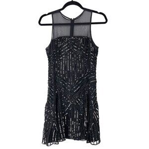 PARKER Designer LBD 100% Silk Sequins Sheer‎ Fit-and-Flare Mini Black Dress sz 6